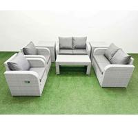 Fimous 6 Seater Outdoor Reclining Chair Love Sofa Set Rattan Garden Furniture Set Oblong Coffee Table 2 Side Tables Light Grey