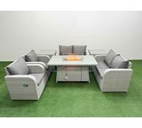 6 Seater Outdoor Reclining Chair Love Sofa Set Rattan Garden Furniture Set with Firepit Dining Table 2 Side Tables Light Grey Fimous Light Grey One Size