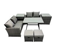Fimous 6 Seater Wicker Pe Rattan Furniture Outdoor Dining Table Double Seat Sofa 2 Small Stools 2 Side Table Set Dark Grey Mixed