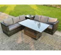 Fimous 6 Seater PE Rattan Corner Sofa Set Rising Adjustable Dining Table Set High Side Table With Seat And Back Cushion