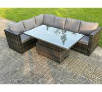 Fimous 6 Seater PE Rattan Corner Sofa Set Rising Adjustable Dining Table Set With Seat And Back Cushion