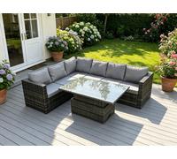 Fimous 6 Seater Pe Rattan Corner Sofa Set Rising Adjustable Dining Table Set With Seat And Back Cushion