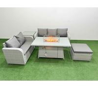 Fimous 6 Seater PE Rattan Wicker Garden Furniture Patio Conservatory Sofa Set w/ Firepit Dining Table 3 Seater Sofa Love Sofa Big Footstool Side Fimous Light Grey