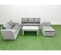 Fimous 6 Seater PE Rattan Wicker Garden Furniture Patio Conservatory Sofa Set w/ Oblong Coffee Table 3 Seater Sofa Love Sofa Big Footstool 2 Side Fimous Light Grey