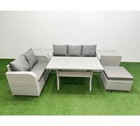 Fimous 6 Seater PE Rattan Wicker Garden Furniture Patio Conservatory Sofa Set w/ Rectangular Dining Table 3 Seater Sofa Love Sofa Big Footstool 2 Fimous Light Grey