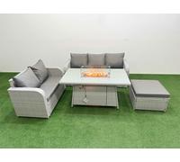 Fimous 6 Seater PE Rattan Wicker Garden Furniture Patio Conservatory Sofa Set with Firepit Dining Table 3 Seater Sofa Love Sofa Big Footstool Fimous Light Grey