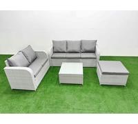 Fimous 6 Seater PE Rattan Wicker Garden Furniture Patio Conservatory Sofa Set with Square Coffee Table 3 Seater Sofa Love Sofa Big Footstool Light Grey