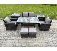 Fimous 6-Seater Rattan Outdoor Dining Set | Rectangular Table, Lounge Sofa, 2 Footstools, 2 Side Tables | Dark Grey