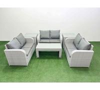 Fimous 6 Seater PE Wicker Rattan Furniture Sofa Sets with Oblong Coffee Table 2 Seater Love Sofa 2 Side Table Light Grey