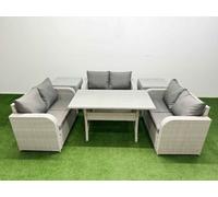 Fimous 6 Seater PE Wicker Rattan Furniture Sofa Sets with Rectangular Dining Table 2 Seater Love Sofa 2 Side Table Light Grey