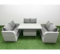 Fimous 6 Seater PE Wicker Rattan Furniture Sofa Sets with Adjustable Lifting Dining or Coffee Table 2 Seater Love Sofa Light Grey