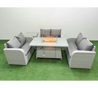 Fimous 6 Seater PE Wicker Rattan Furniture Sofa Sets with Fire Pit Dining Table 2 Seater Love Sofa Side Table Light Grey
