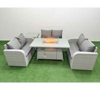 Fimous 6 Seater PE Wicker Rattan Furniture Sofa Sets with Firepit Dining Table 2 Seater Love Sofa Side Table Light Grey Fimous Light Grey