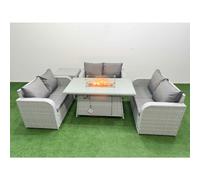 Fimous 6 Seater PE Wicker Rattan Furniture Sofa Sets with Fire Pit Dining Table 2 Seater Love Sofa Side Table Light Grey
