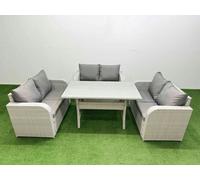 Fimous 6 Seater PE Wicker Rattan Furniture Sofa Sets with Rectangular Dining Table 2 Seater Love Sofa Light Grey