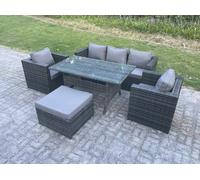 Fimous 6 Seater PE Wicker Rattan Garden Furniture Set Lounge Sofa Chair and Rectangular Dining Table Set Big Footstools Dark Grey Mixed