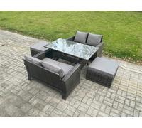 Fimous 6 Seater PE Wicker Rattan Garden Furniture Set Love Sofa Outdoor Rectangular Dining Table 2 Big Footstool Dark Grey Mixed