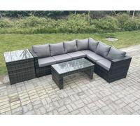 Fimous 6 Seater Rattan Corner Sofa Lounge Sofa Set With Rectangular Coffee Table Side Table Dark Grey Mixed Right Hand