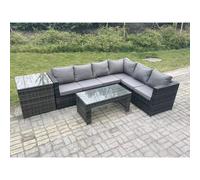 Fimous 6 Seater Rattan Corner Sofa Lounge Sofa Set With Rectangular Coffee Table Side Table Dark Grey Mixed Right Hand