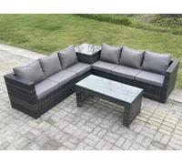 Fimous 6 Seater Rattan Corner Sofa Set With Square Side Table And Oblong Rectangular Coffee Tea Table Dark Grey Mixed