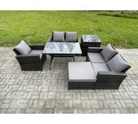 Fimous 6 Seater Rattan Garden Dining Set Outdoor Furniture With Rectangular Dining Table Double Seat Sofa Big Footstool Side Table