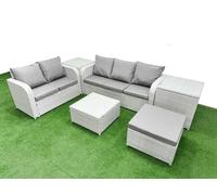 Fimous 6 Seater Rattan Garden Furniture Patio Conservatory Sofa Set with Square Coffee Table 3 Seater Sofa Love Sofa Big Footstool 2 Side Table
