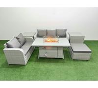 6 Seater PE Rattan Wicker Garden Furniture Patio Conservatory Sofa Set with Firepit Dining Table 3 Seater Sofa Love Sofa Big Footstool 2 Side Table Fimous Light Grey One Size