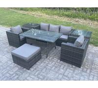 Fimous 6 Seater Rattan Garden Furniture Set Patio Dining Table Lounge Sofa Chair 2 Side Table Stool in Dark Grey Fimous Dark Grey