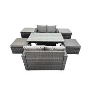 Fimous 6-Seater Patio Height Adjustable Rising Lifting Table Sofa Sets Rattan Garden Furniture Set With 2 Big Stools 2 Side Tables