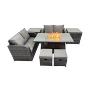 Fimous 6 seater Patio Gas Firpit Dining Table Sofa Sets Rattan Garden Furniture Dining Set with 2 Side Tables 2 Small Stools Dark Grey Mixed
