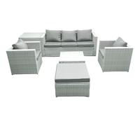 Fimous 6 Seater Rattan Garden Furniture Set with 3 Seater Sofa 2 Chair Square Coffee Table Big Footstool Side Table Light Grey Mixed