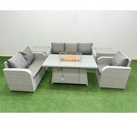 Fimous 6 Seater Rattan Garden Furniture Set with Fire Pit Dining Table, Reclining Chair, Loveseat Sofa, 3 Seater Sofa, 2 Side Tables - Light Grey