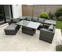 Fimous 6 Seater Rattan Garden Furniture Sofa Set Outdoor Adjustable Rising Lifting Dining Table Set 2 Armchairs in Dark Grey Fimous Dark Grey