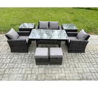 Fimous 6-Seater Rattan Outdoor Dining Set | Rectangular Table, Lounge Sofa, 2 Footstools, 2 Side Tables | Dark Grey