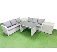 Fimous 6 Seater Rattan Outdoor Dining Table 3 Seater Sofa Set with 2 Side Tables Light Grey