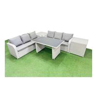 Fimous 6 Seater Rattan Outdoor Dining Table 3 Seater Sofa Set with 2 Side Tables Light Grey