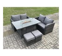 Fimous 6 Seater Rattan Outdoor Garden Furniture Sofa Set Gas Fire Pit Dining Table Gas Heater with Love Sofa 2 Small Footstool Dark Grey Mixed