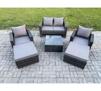 Fimous 6 Seater Rattan Outdoor Garden Furniture Sofa Set Table & Chairs with 2 Big Footstool Dark Grey Mixed Fimous Dark Grey