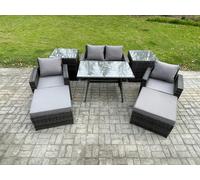 Fimous 6-Seater Rattan Outdoor Sofa Set | Rectangular Dining Table, Armchair, 2-Seater Sofa, 2 Large Footstools, 2 Side Tables