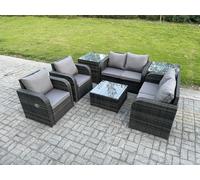 Fimous 6 Seater Rattan Sofa Set Outdoor Garden Furniture Set with Square Coffee Table Loveseat Sofa Reclining Chairs 2 Side Tables in Dark Grey Fimous Dark Grey