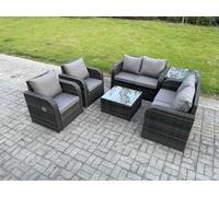 Fimous 6 Seater Rattan Sofa Set Outdoor Garden Furniture Set With Square Coffee Table Loveseat Sofa Reclining Chairs