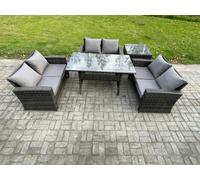 6 Seater Rattan Wicker Garden Furniture Patio Conservatory Sofa Set Indoor Outdoor with Dining Table Double Seat Sofa Fimous Dark Grey One Size