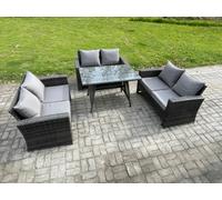 Fimous 6 Seater Rattan Wicker Garden Furniture Patio Conservatory Sofa Set with Rectangular Dining Table Love Seat Sofa
