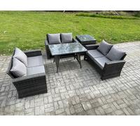 Fimous 6 Seater Rattan Wicker Garden Furniture Patio Conservatory Sofa Set with Rectangular Dining Table Love Seat Sofa Side Table