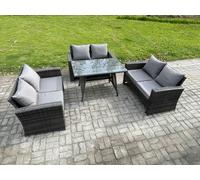 Fimous 6 Seater Rattan Wicker Garden Furniture Patio Conservatory Sofa Set with Rectangular Dining Table Love Seat Sofa in Dark Grey Fimous Dark Grey