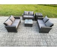 Fimous 6 Seater Rattan Wicker Garden Furniture Patio Conservatory Sofa Set with Square Coffee Table Double Seat Sofa Side Table