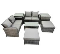 Fimous 6 Seater Wicker PE Rattan Furniture Outdoor Coffee Table Double Seat Sofa 2 Big Stool 2 Side Tables Set Dark Grey Mixed