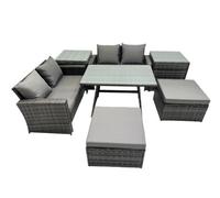 Fimous 6 Seater Wicker PE Rattan Furniture Outdoor Dining Table Double Seat Sofa 2 Big Stool 2 Side Table Set Dark Grey Mixed