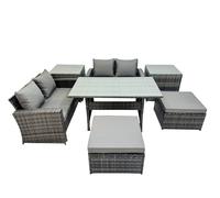 Fimous 6 Seater Wicker PE Rattan Furniture Outdoor Dining Table Double Seat Sofa 2 Side Table 2 Big Stools Set Dark Grey Mixed Dark Grey