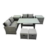 Fimous 6 Seater Wicker PE Rattan Furniture Outdoor Dining Table Double Seat Sofa 2 Side Table 2 Small Stools Set Dark Grey Mixed